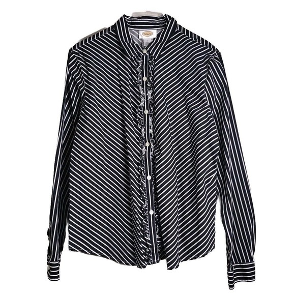 Talbots Tops - Striped Formal Shirt Collared Blouse Women's Black White 100% Cotton Size L